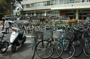 市役所の前には沢山の自転車が