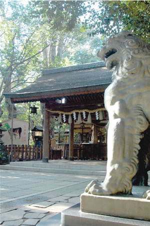 鬱蒼とした森のなかにある諏訪神社拝殿と彫刻が見事な狛犬