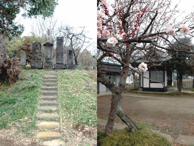 多賀神社近くの石造物群（右）と天神社の梅の写真