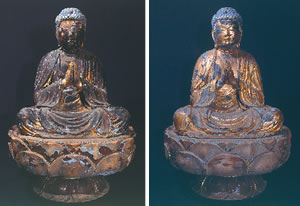 五重塔内部に安置された釈迦如来（左）・多宝如来座像の写真