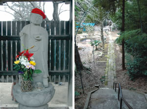 将門伝説が残る首曲地蔵（左）と谷に下りてまた上る葺不合神社の参道の写真