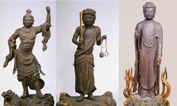 来迎寺の木造毘沙門天立像（左）、木造不動明王立像（中央）、木造阿弥陀如来立像（右）の写真